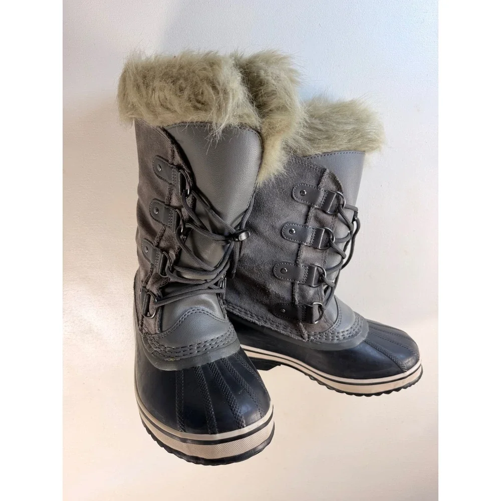 Sorel Joan of Arctic Snow Boots Women Gray Excellent Waterproof Faux Fur Suede
